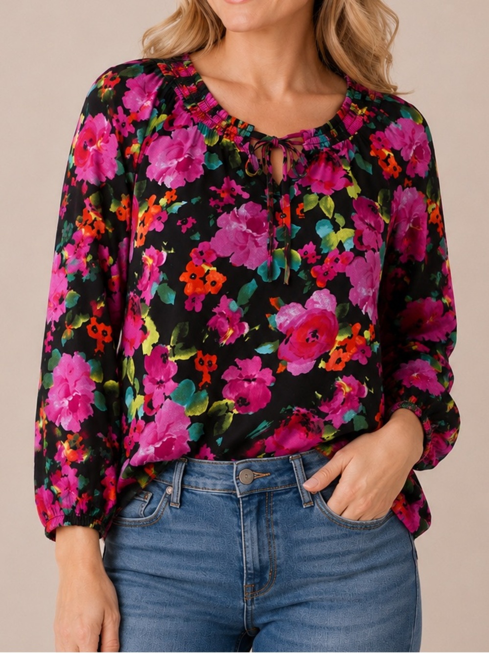 NWT Sunny Leigh Juliet Floral Peasant Blouse 2X Black Pink Floral Tie Neck